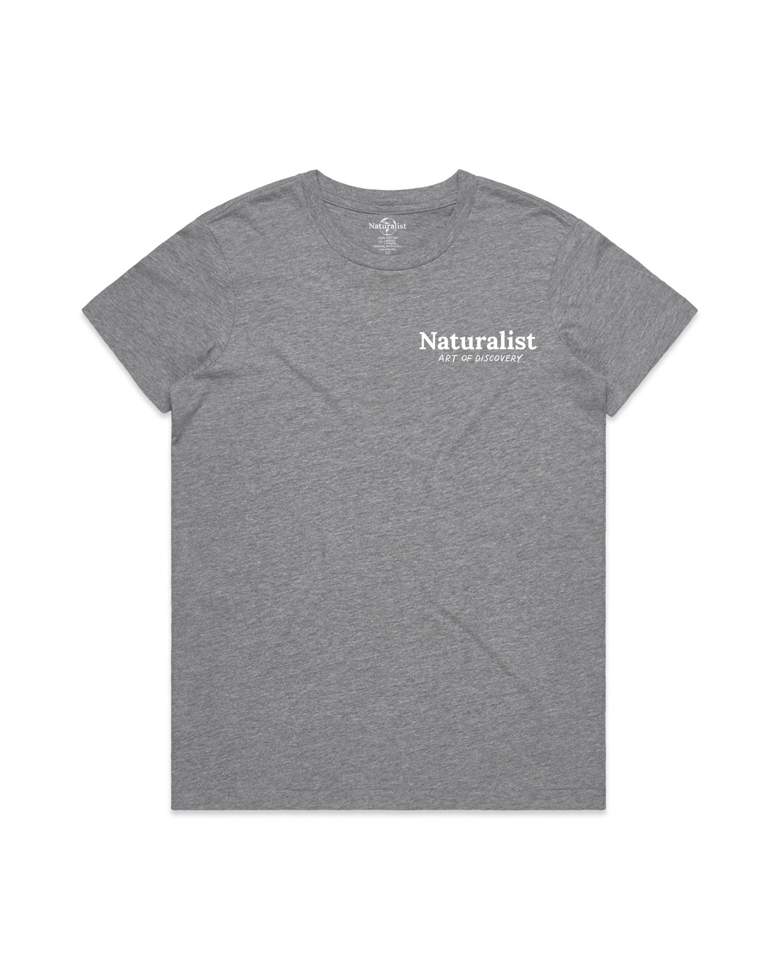 Gray t-shirt with 'Naturalist' text on a white background