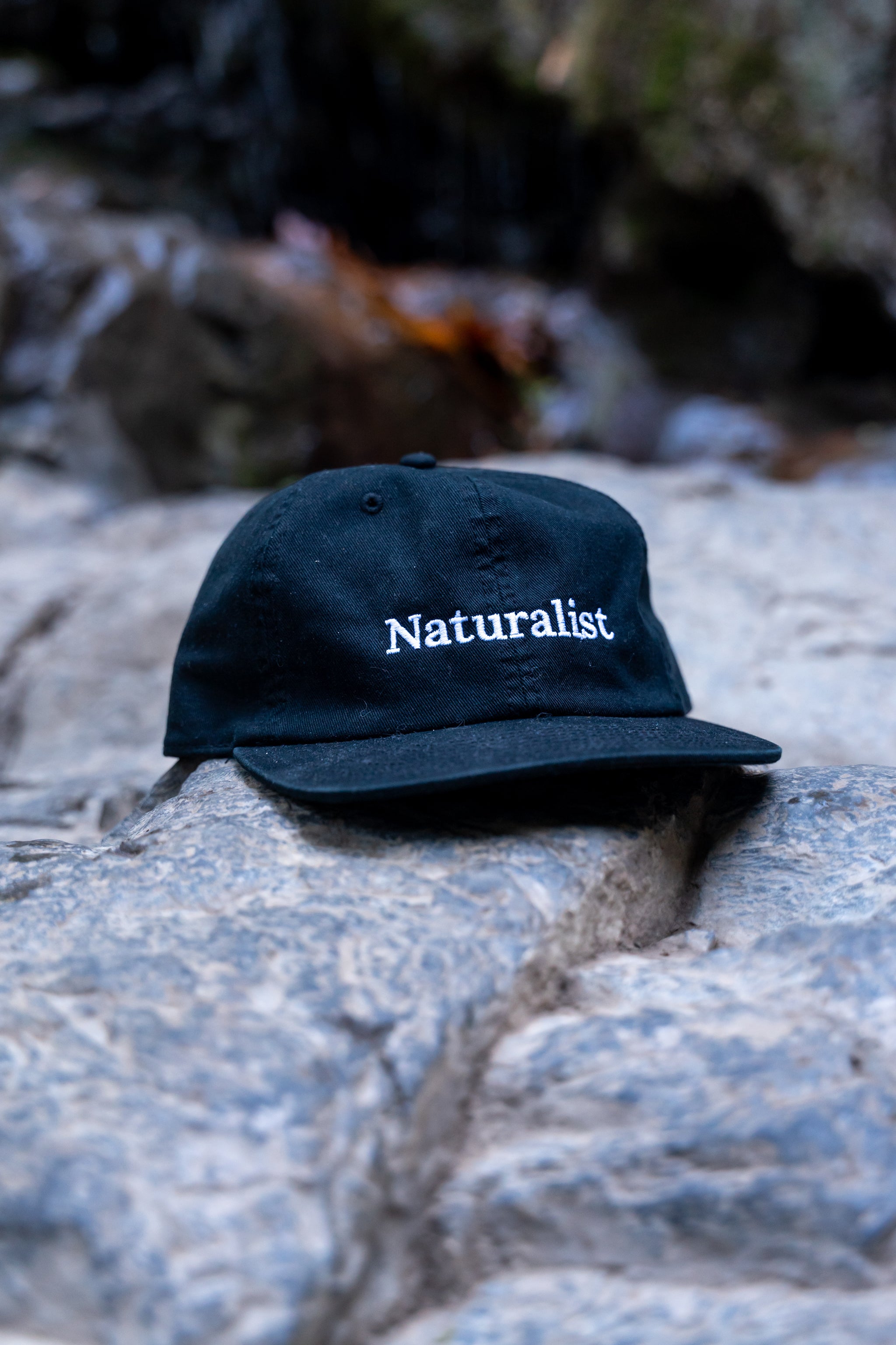 Black cap with 'Naturalist' text on a rock surface