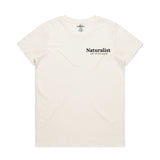 White t-shirt with 'Naturalist' text on a white background