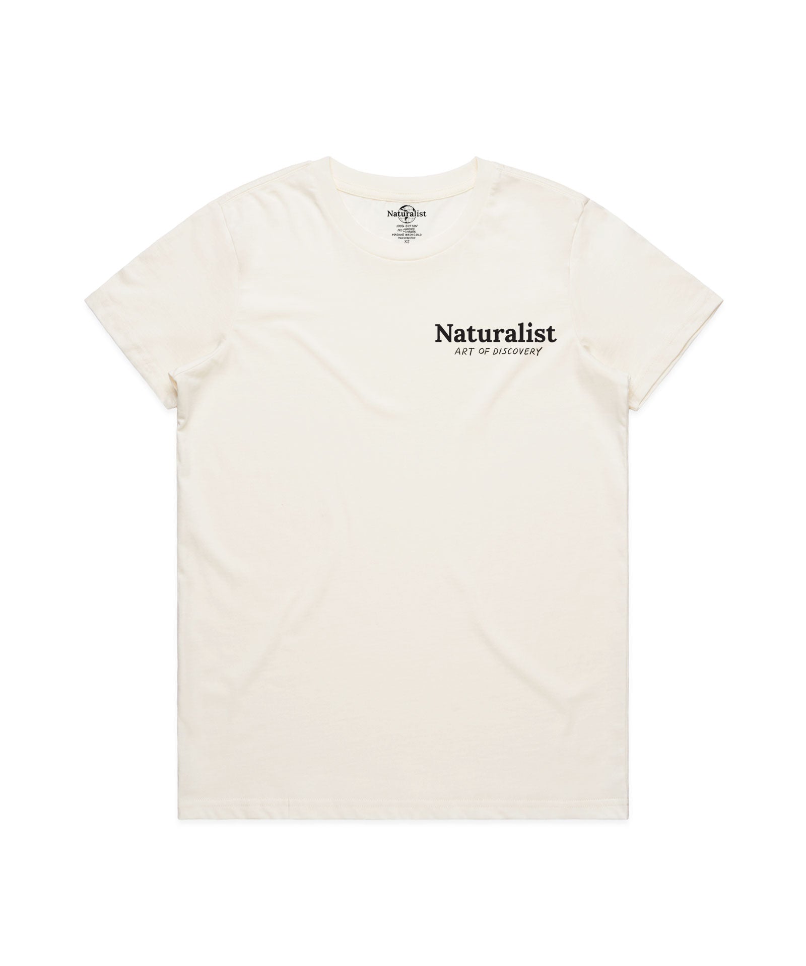 White t-shirt with 'Naturalist' text on a white background