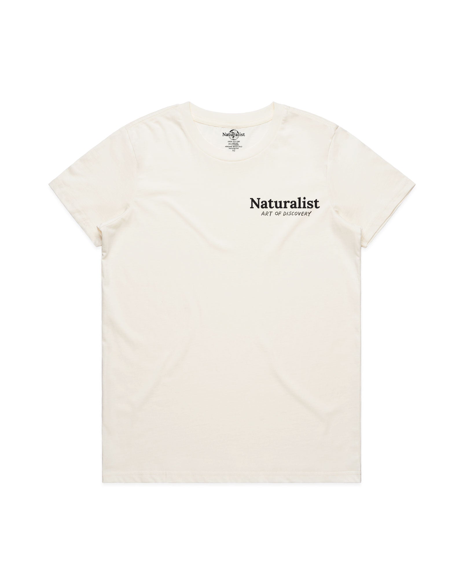 White t-shirt with 'Naturalist' text on a white background