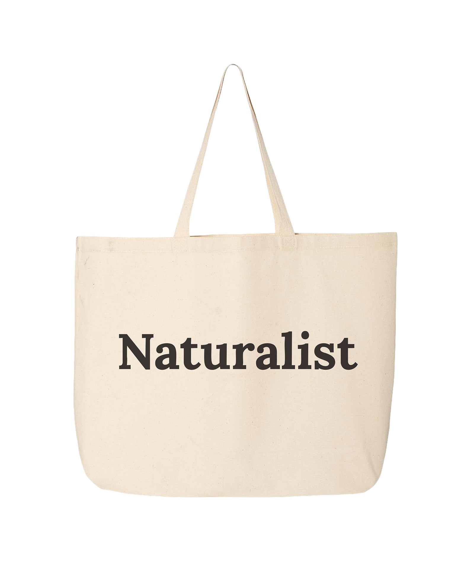 Beige tote bag with 'Naturalist' text on a white background