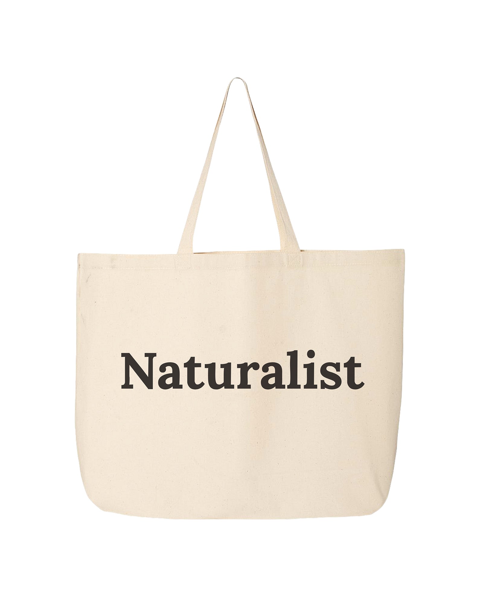 Beige tote bag with 'Naturalist' text on a white background