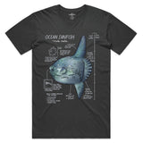 Black t-shirt with ocean sunfish graphic and text on a white background