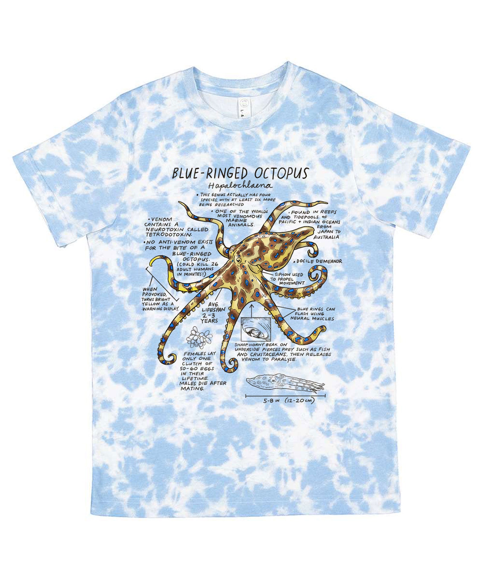 T-shirt with a blue-ringed octopus design and educational text on a blue tie-dye background