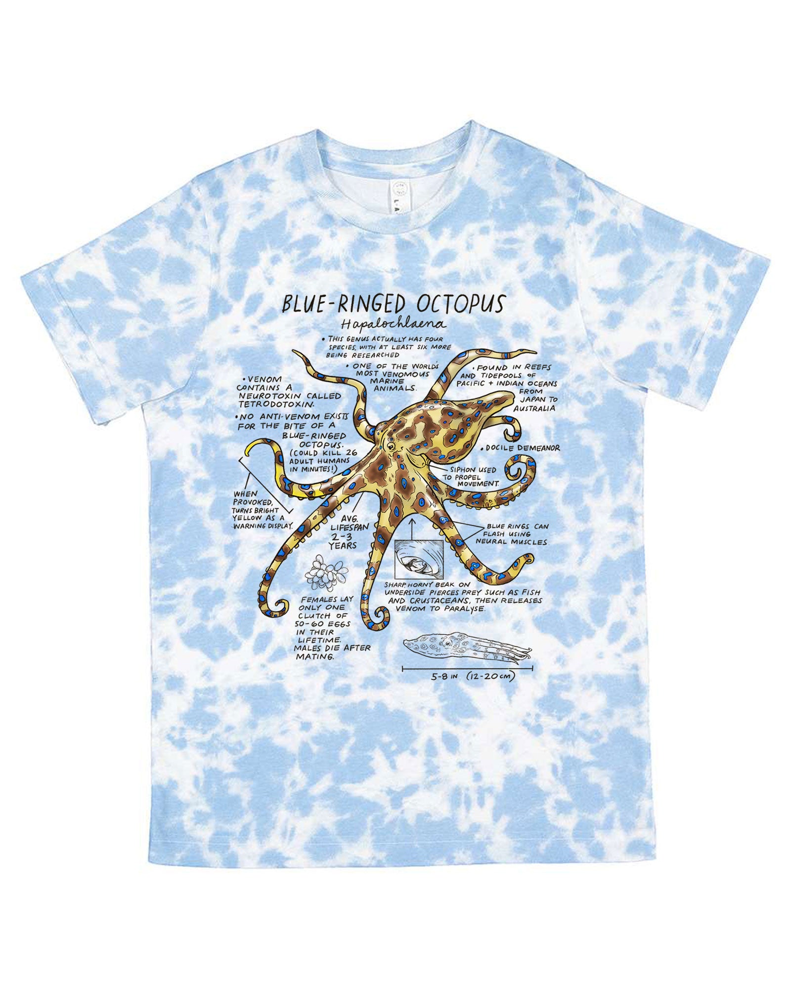 T-shirt with a blue-ringed octopus design and educational text on a blue tie-dye background