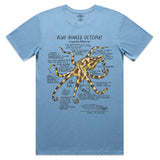 Blue t-shirt with a blue-ringed octopus graphic and text on a white background
