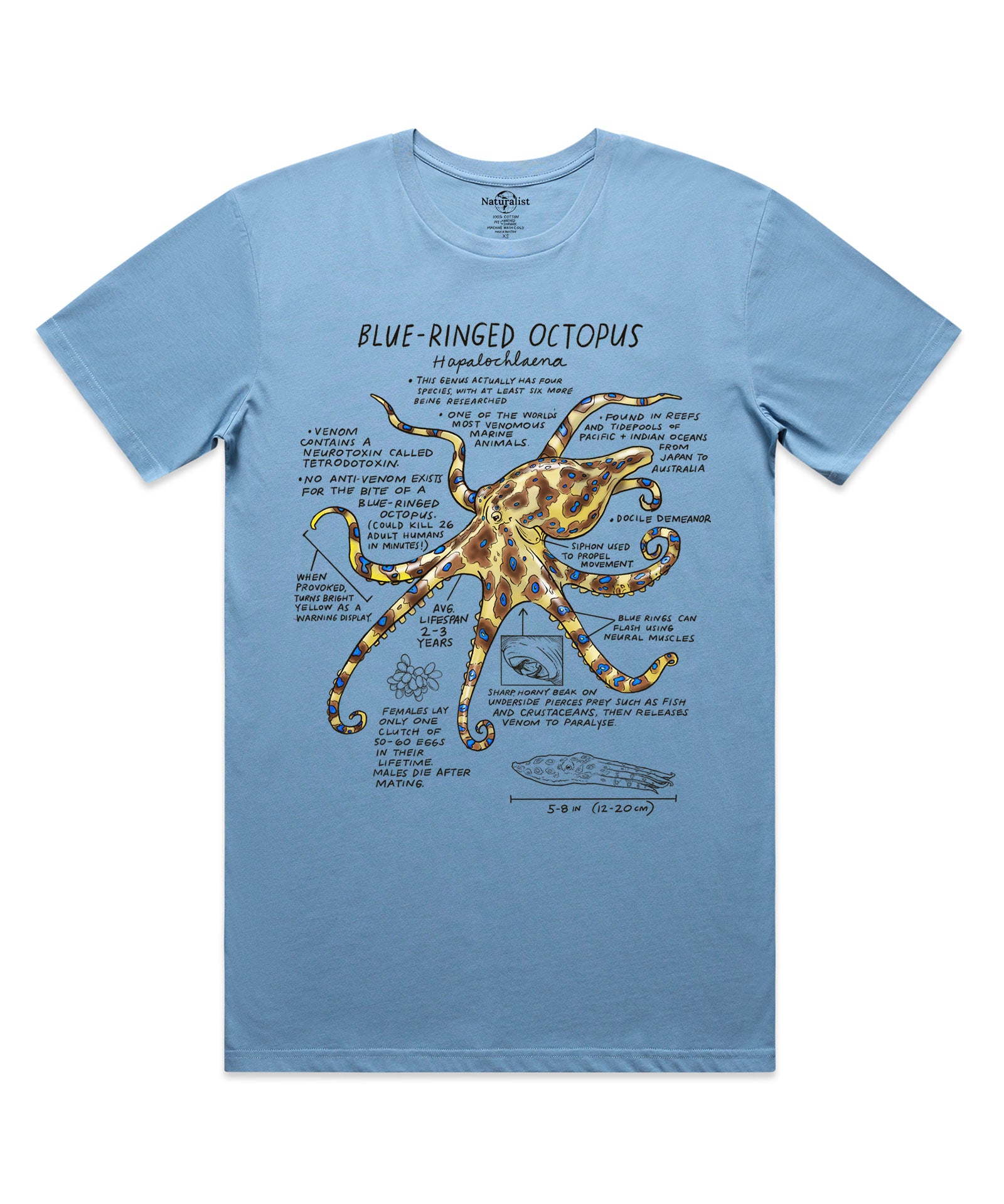 Blue t-shirt with a blue-ringed octopus graphic and text on a white background