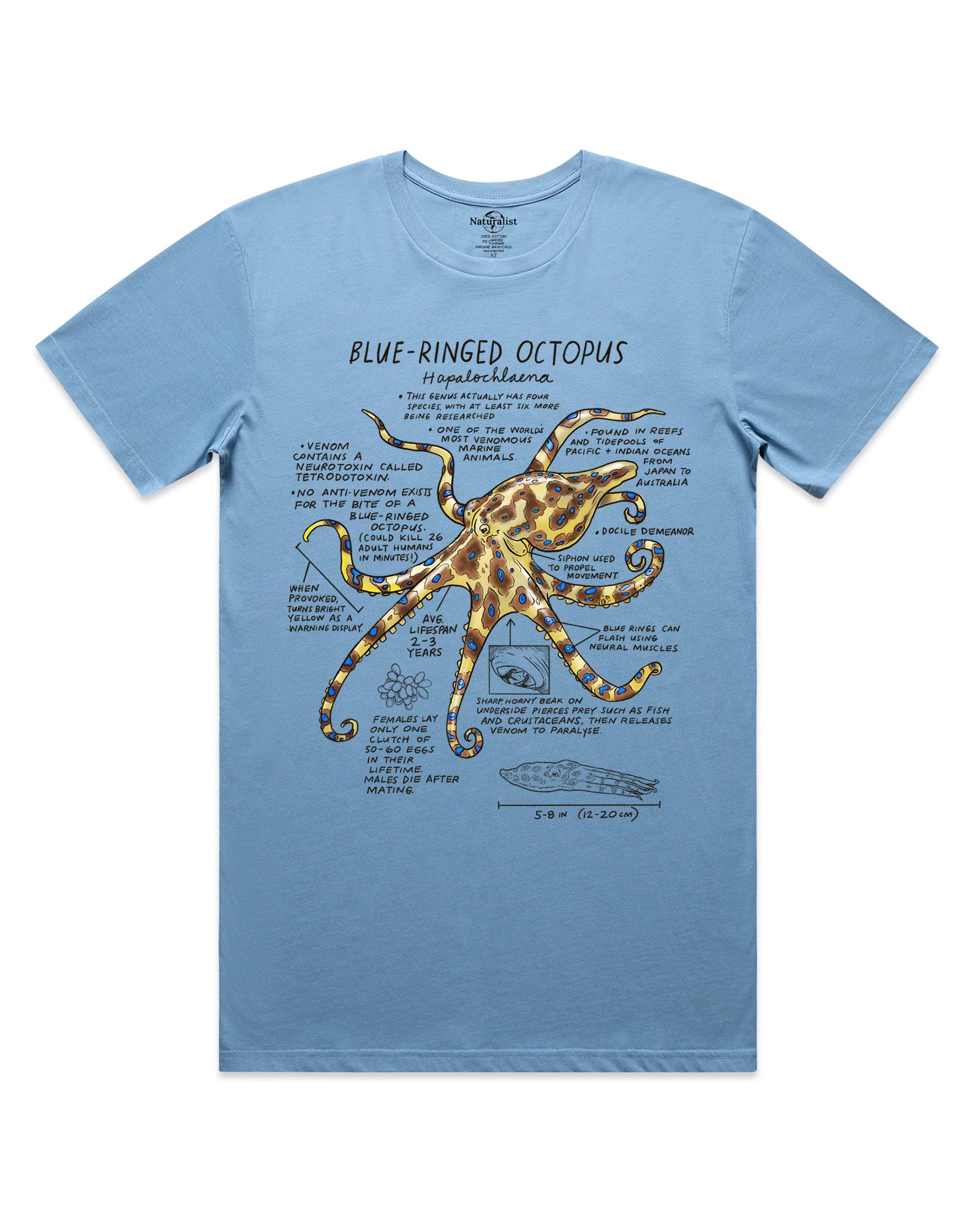 Blue t-shirt with a blue-ringed octopus graphic and text on a white background