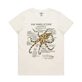 White t-shirt with a blue-ringed octopus graphic and text on a white background