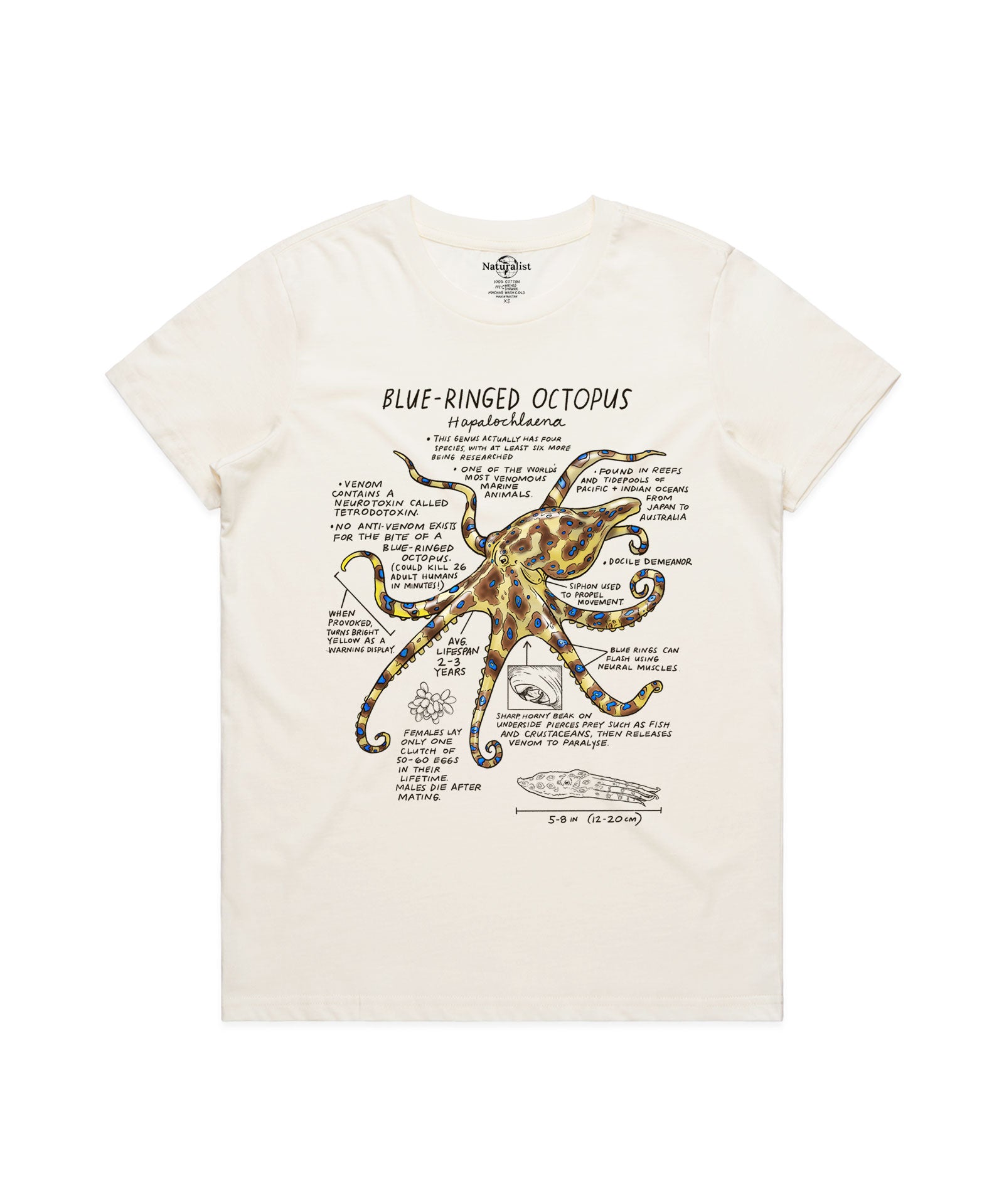 White t-shirt with a blue-ringed octopus graphic and text on a white background
