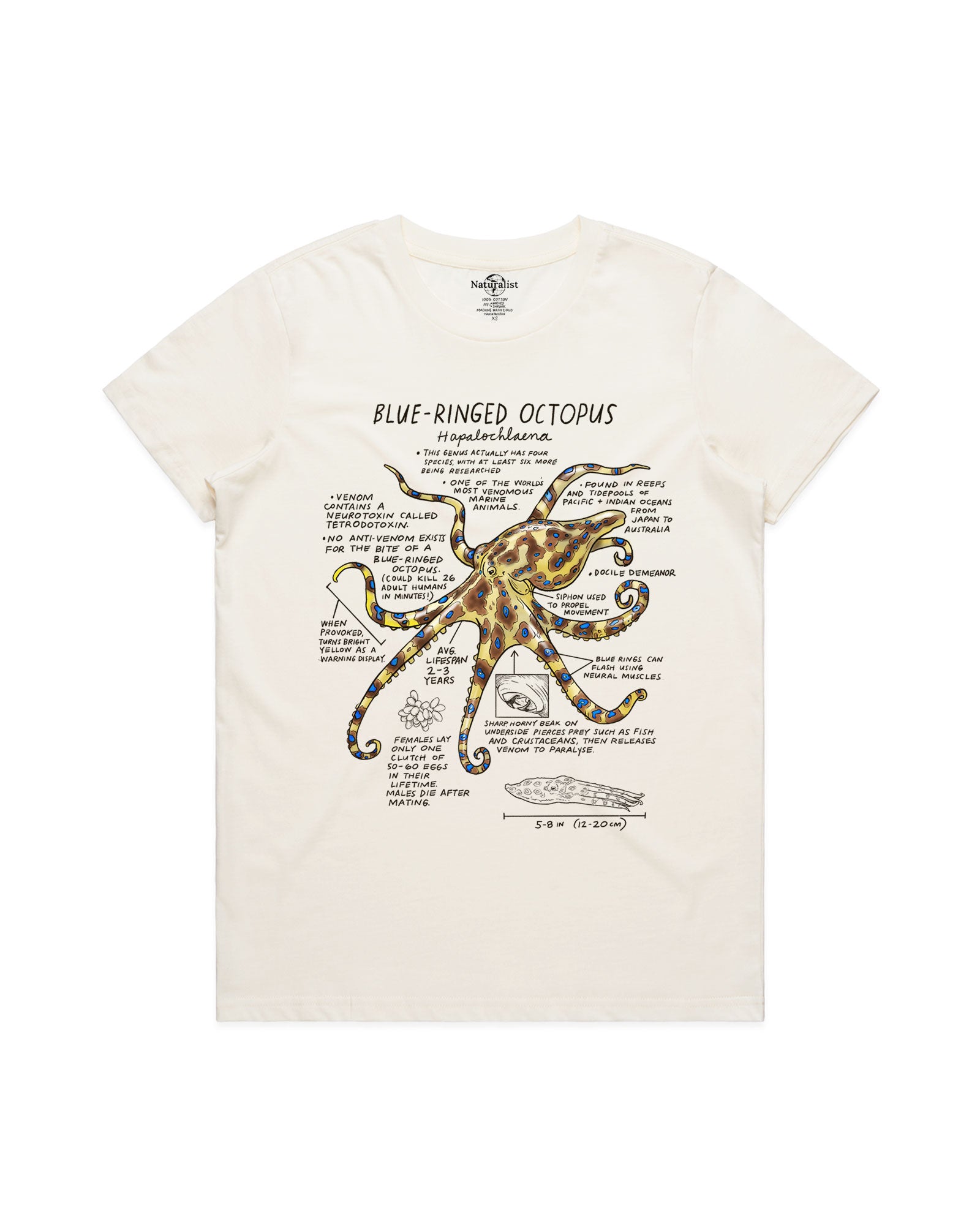 White t-shirt with a blue-ringed octopus graphic and text on a white background