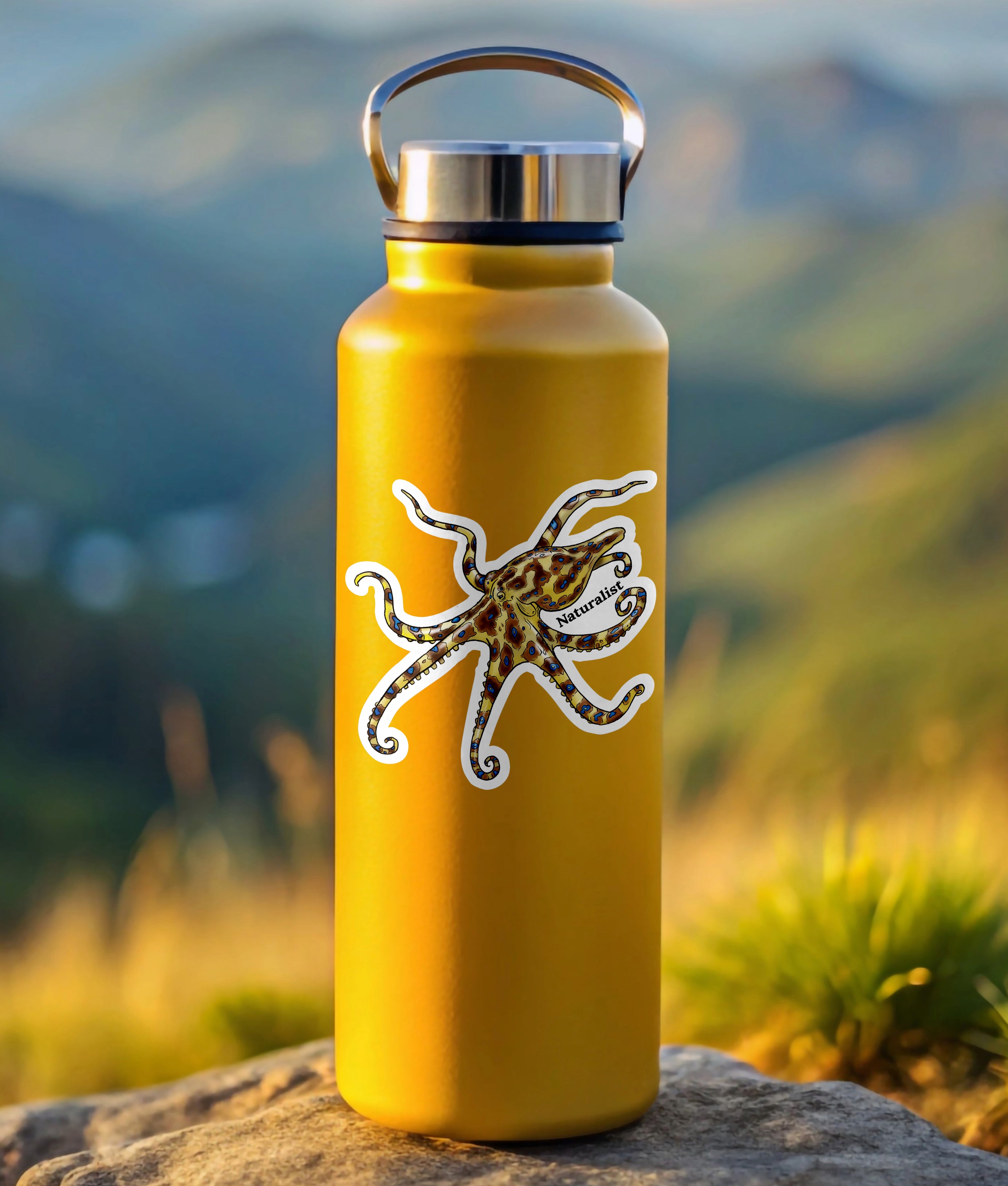 Yellow water bottle with a  blue ringed octopus design on a rock with a mountainous background