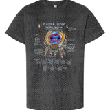 Black t-shirt with a colorful peacock spider graphic and text on a white background