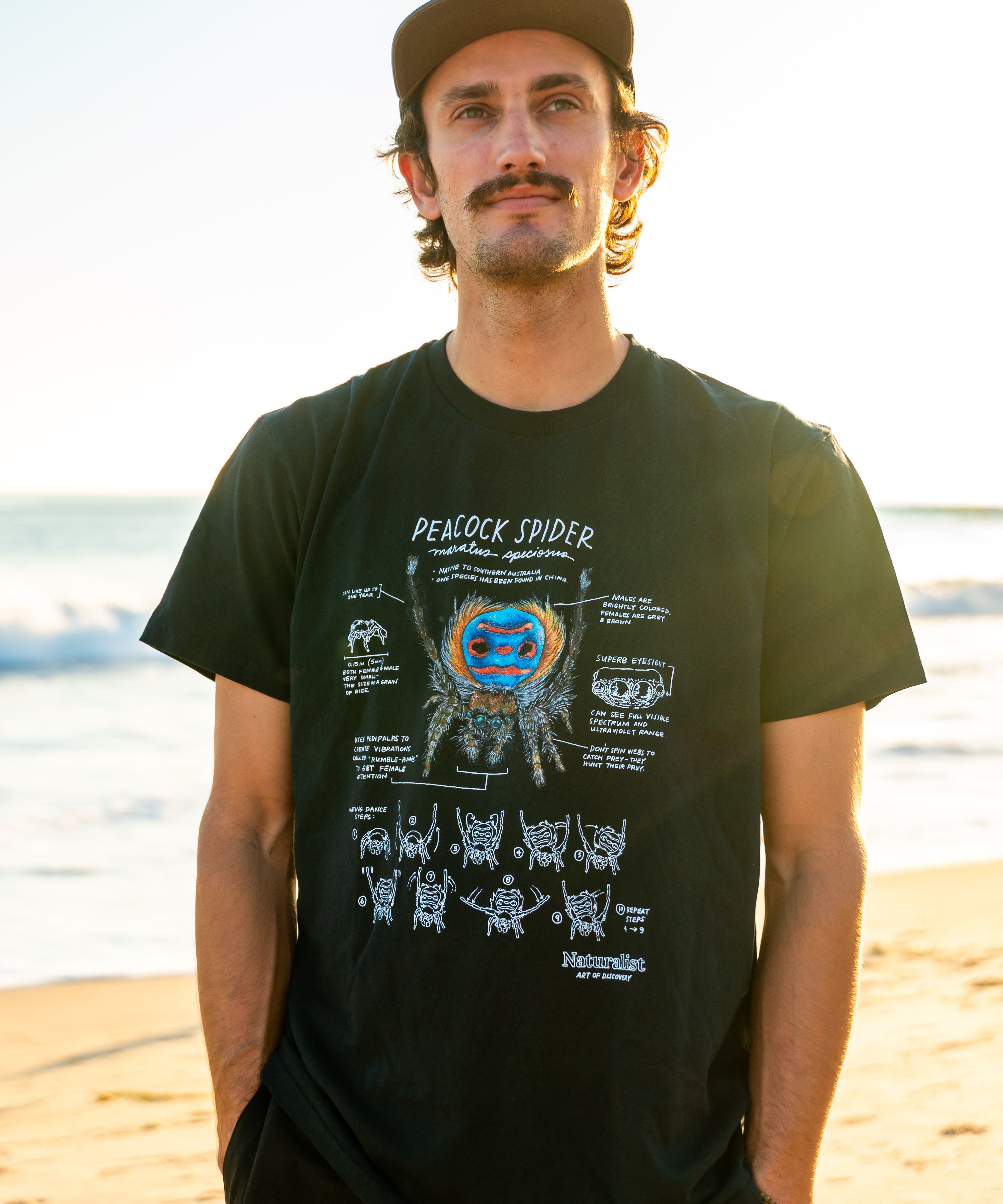 Man wearing a black t-shirt with peacock spider illustration n on a beach