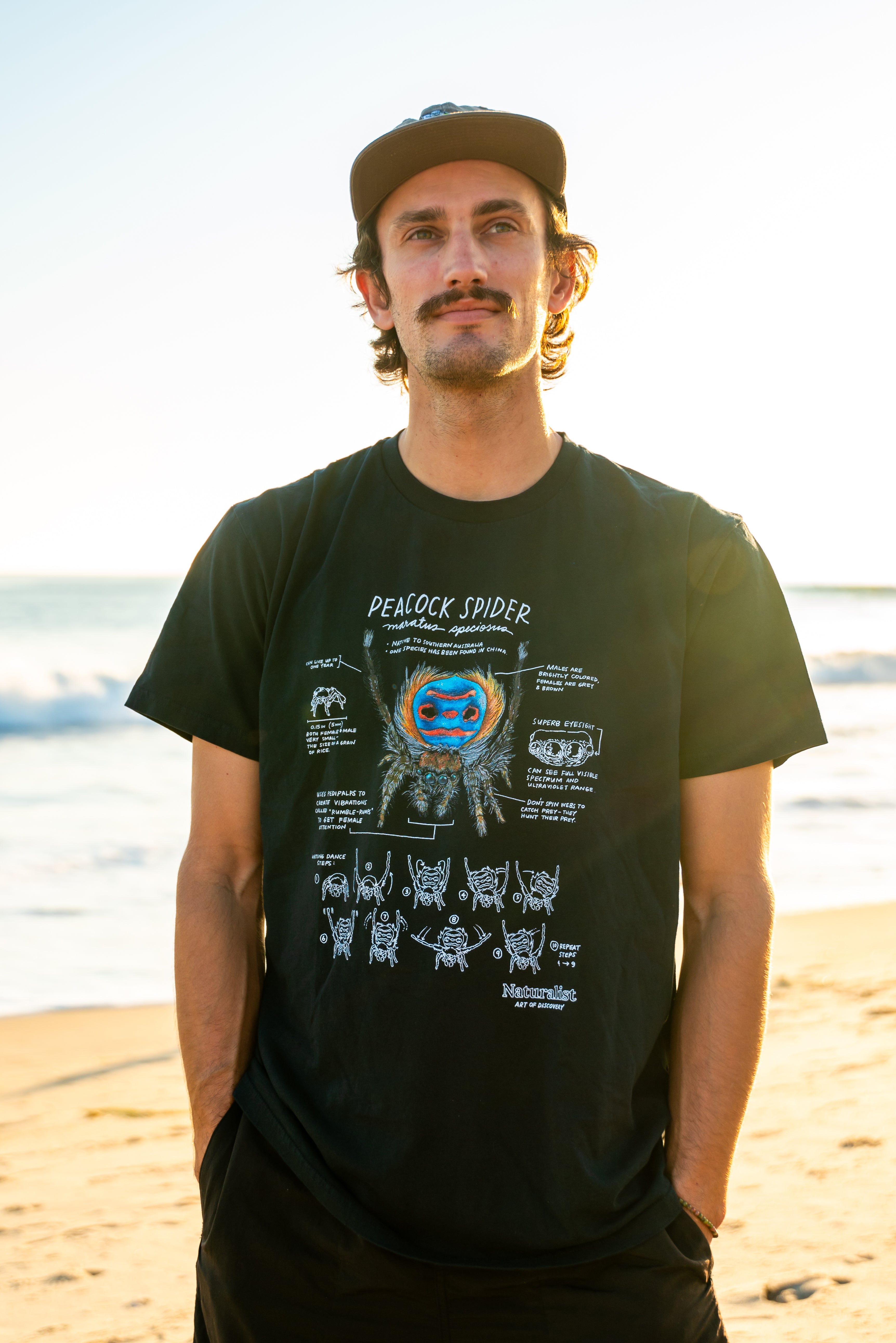 Man wearing a black t-shirt with peacock spider illustration n on a beach