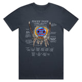 Black t-shirt with a colorful peacock spider graphic and text on a white background