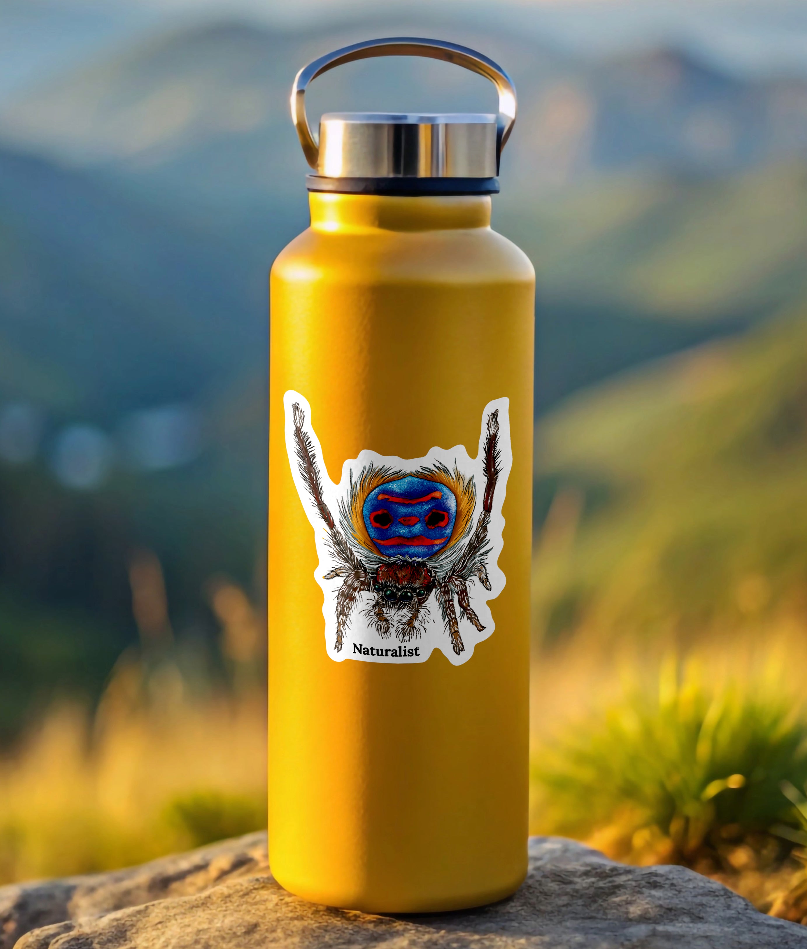 Yellow water bottle with a peacock spider sticker on a rock with a mountainous background