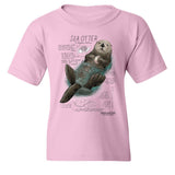 Youth sea otter graphic t-shirt in pink with illustrated sea otter floating and marine wildlife facts Naturalist youth tee