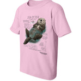 Youth sea otter graphic t-shirt in pink featuring illustrated sea otter floating with marine species facts Naturalist wildlife tee