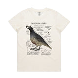 T-shirt with California quail design and text on a white background