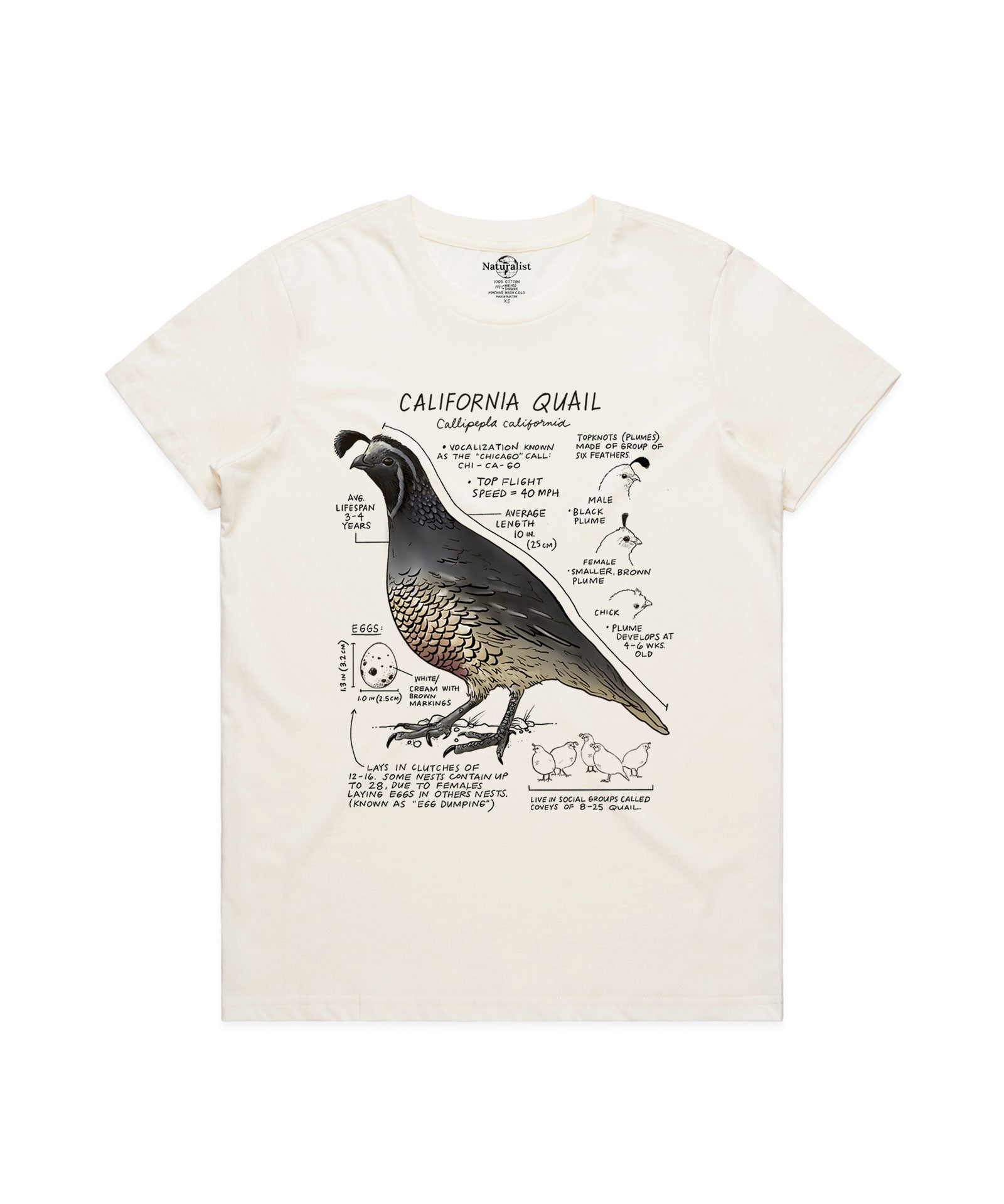 T-shirt with California quail design and text on a white background