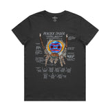 Black t-shirt with a colorful peacock spider design and text on a white background