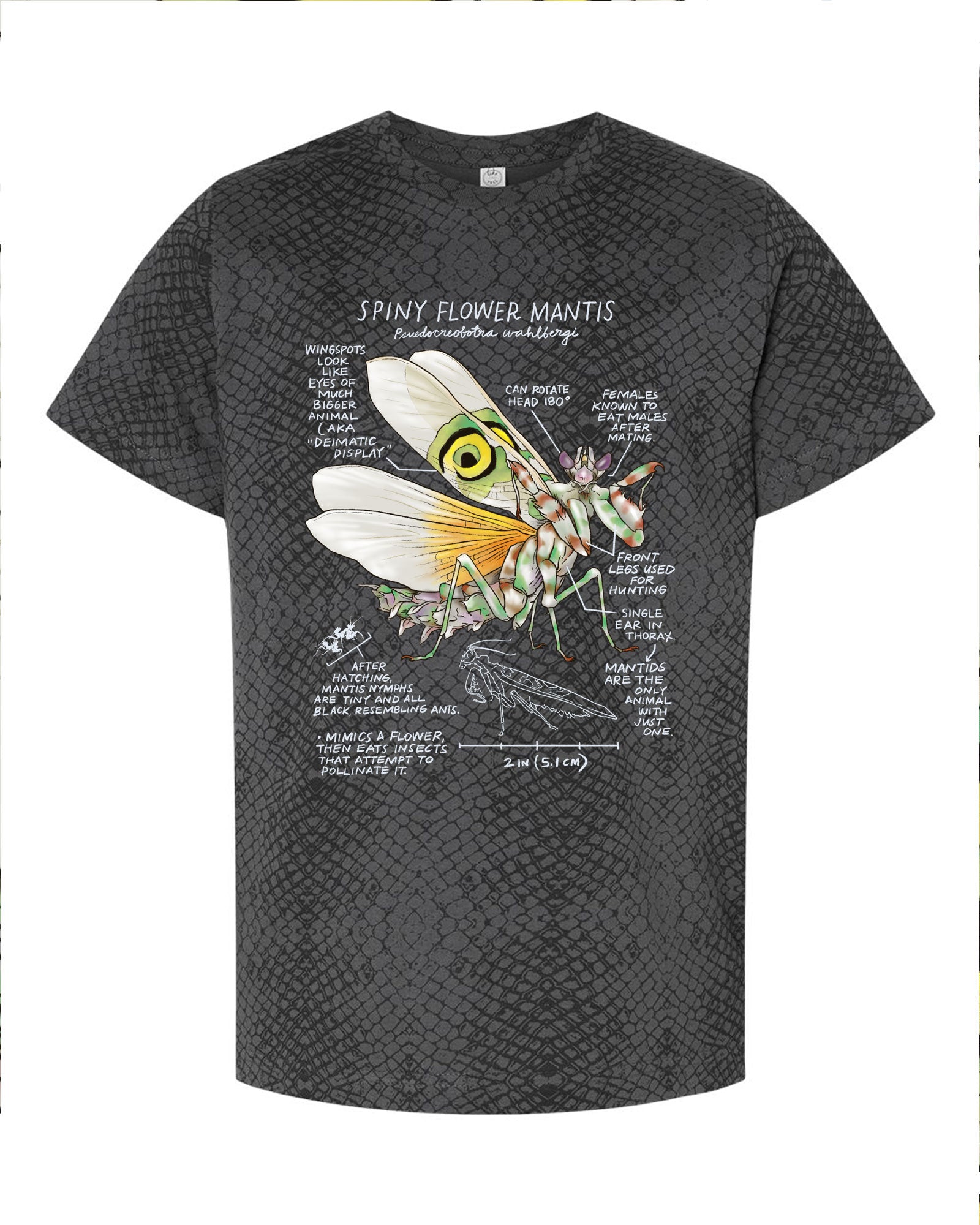 Black t-shirt with a spiny flower mantis graphic and text on a white background