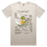 Beige t-shirt with spiny flower mantis graphic and text on a white background