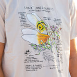 T-shirt with a colorful illustration of a spiny flower mantis and text on a white background