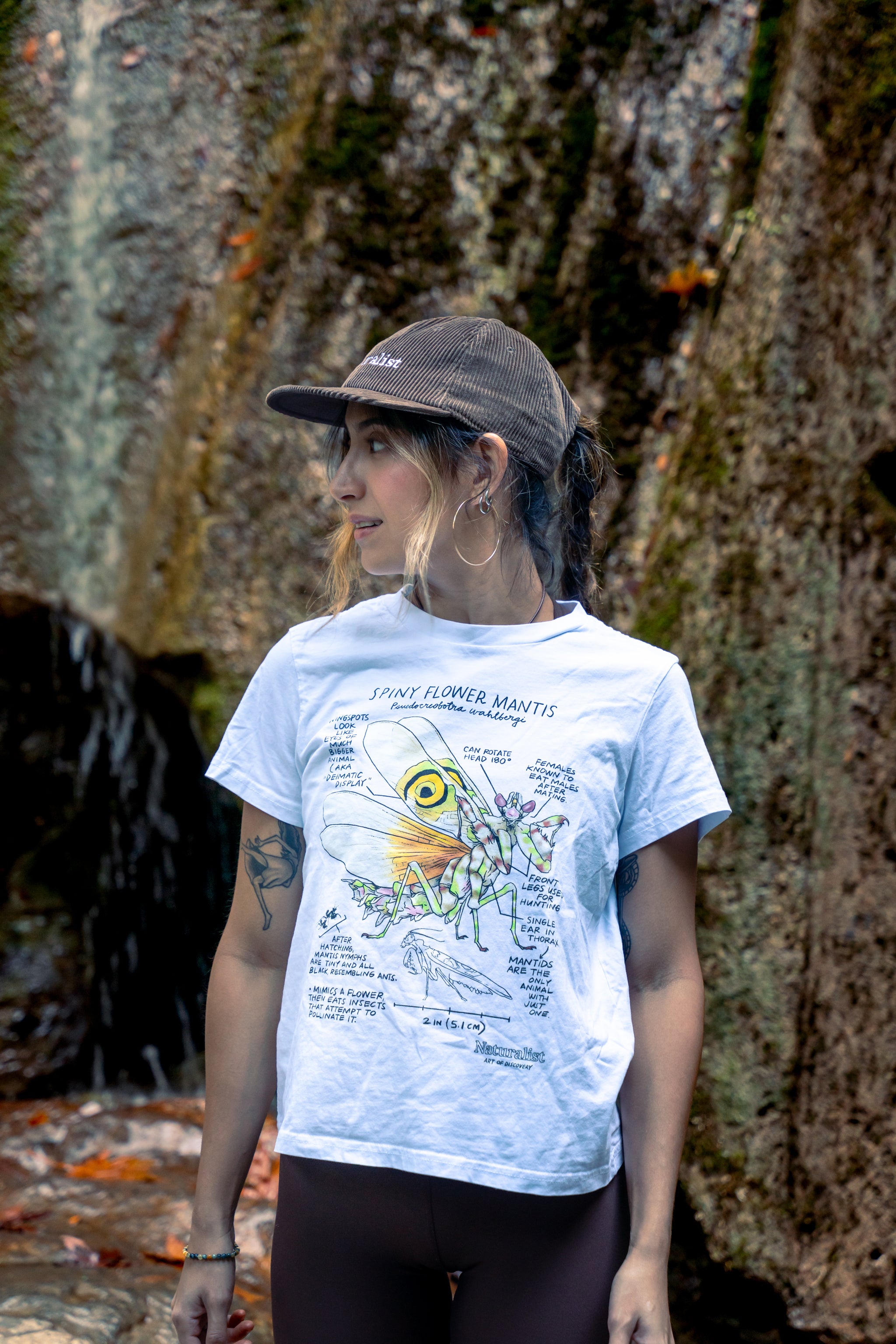 Person wearing a white t-shirt with a spiny flower mantis illustration 