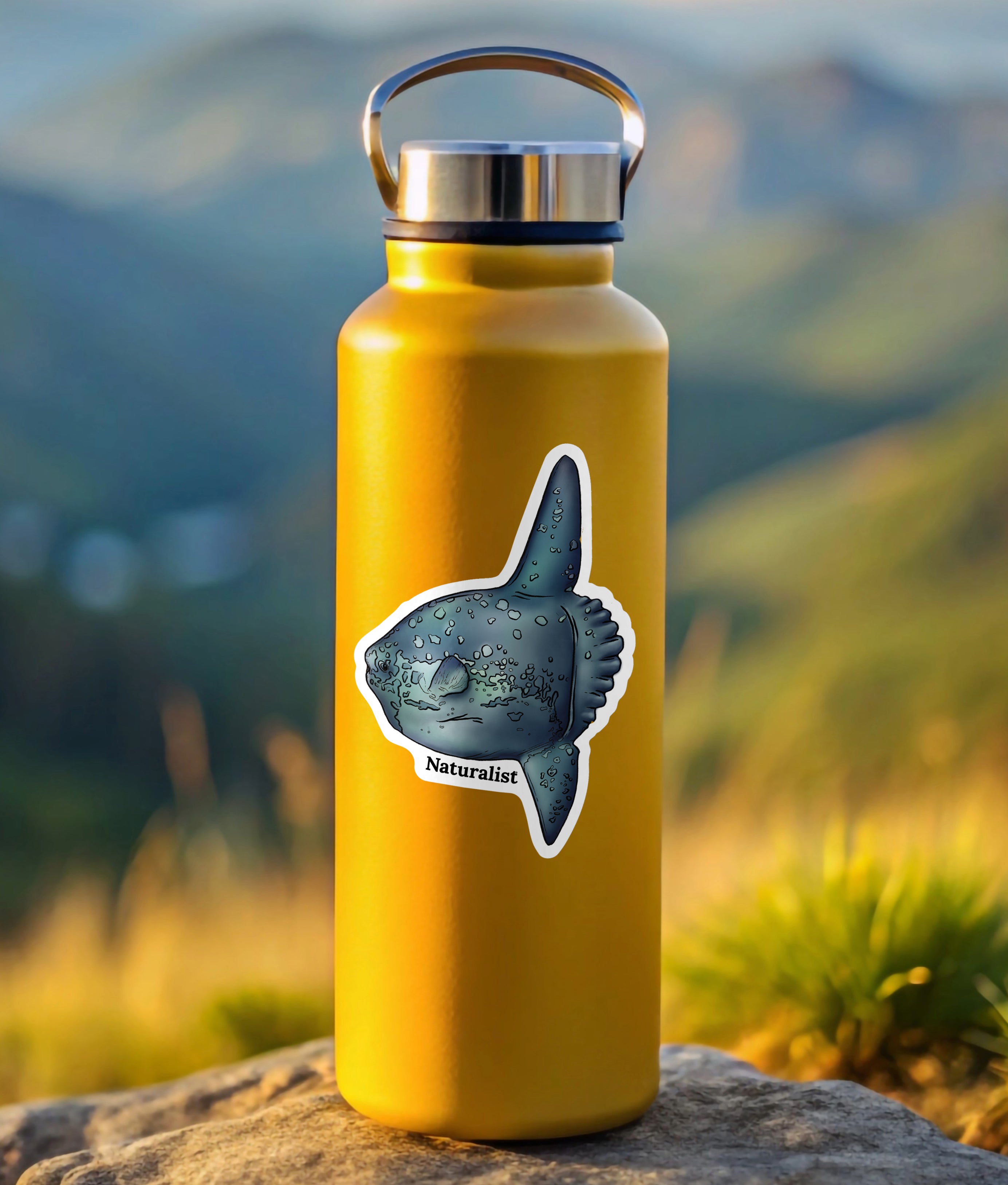 Yellow water bottle with an ocean sunfish sticker on a rock with a mountainous background
