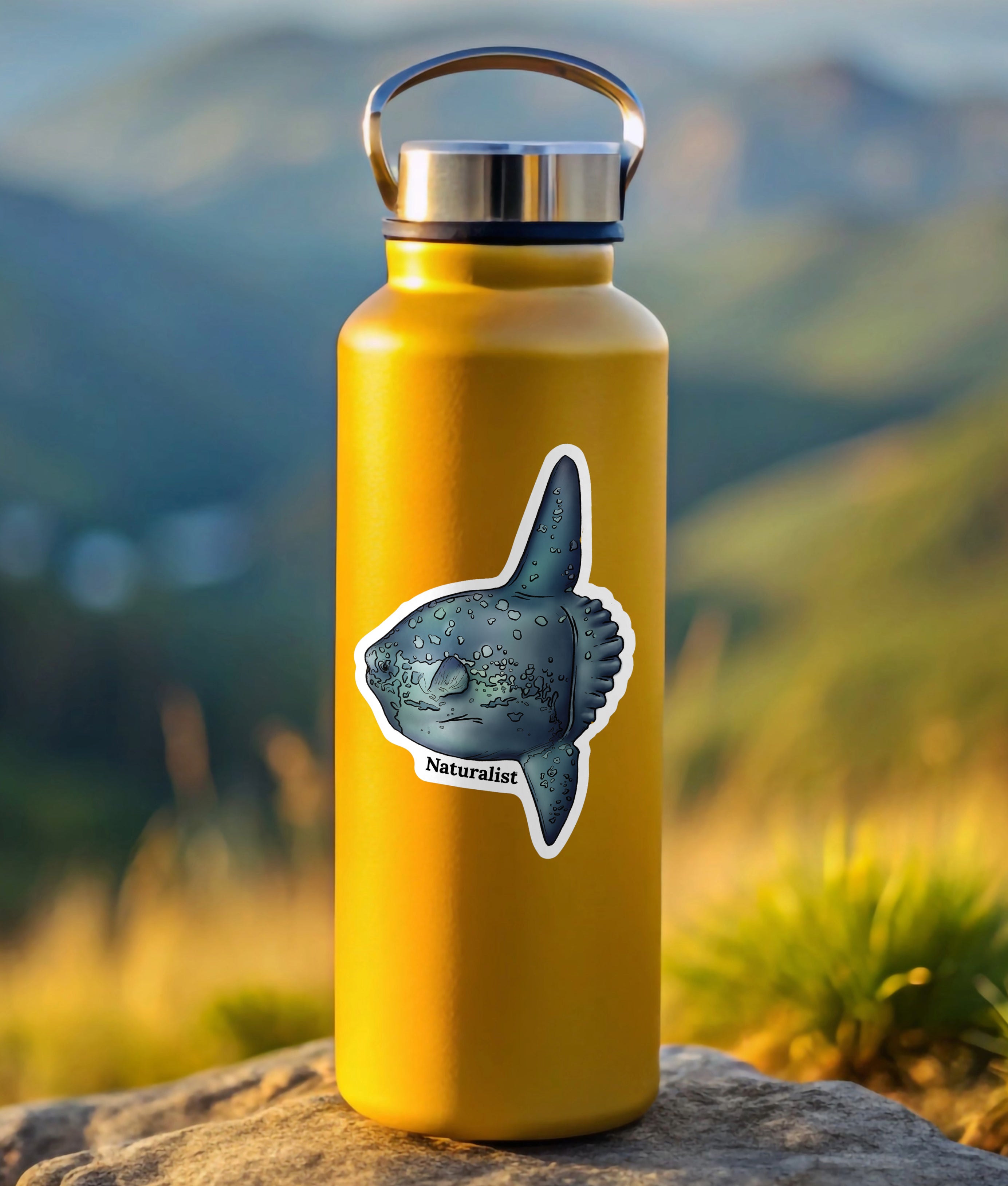 Yellow water bottle with an ocean sunfish sticker on a rock with a mountainous background