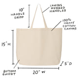 Canvas tote bag with measurements and details on a white background