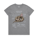 Gray t-shirt with a graphic of a gaboon viper and text on a white background