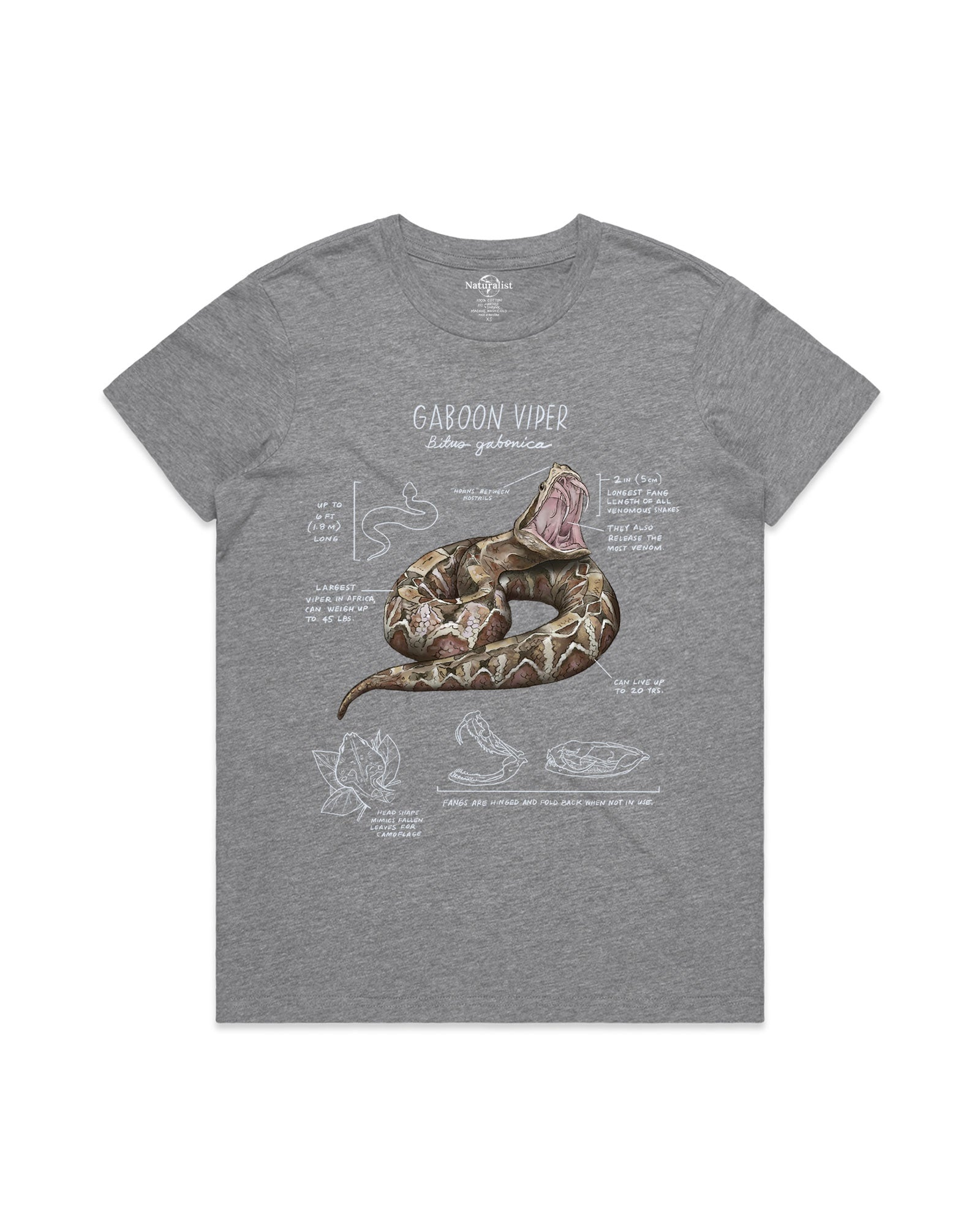 Gray t-shirt with a graphic of a gaboon viper and text on a white background