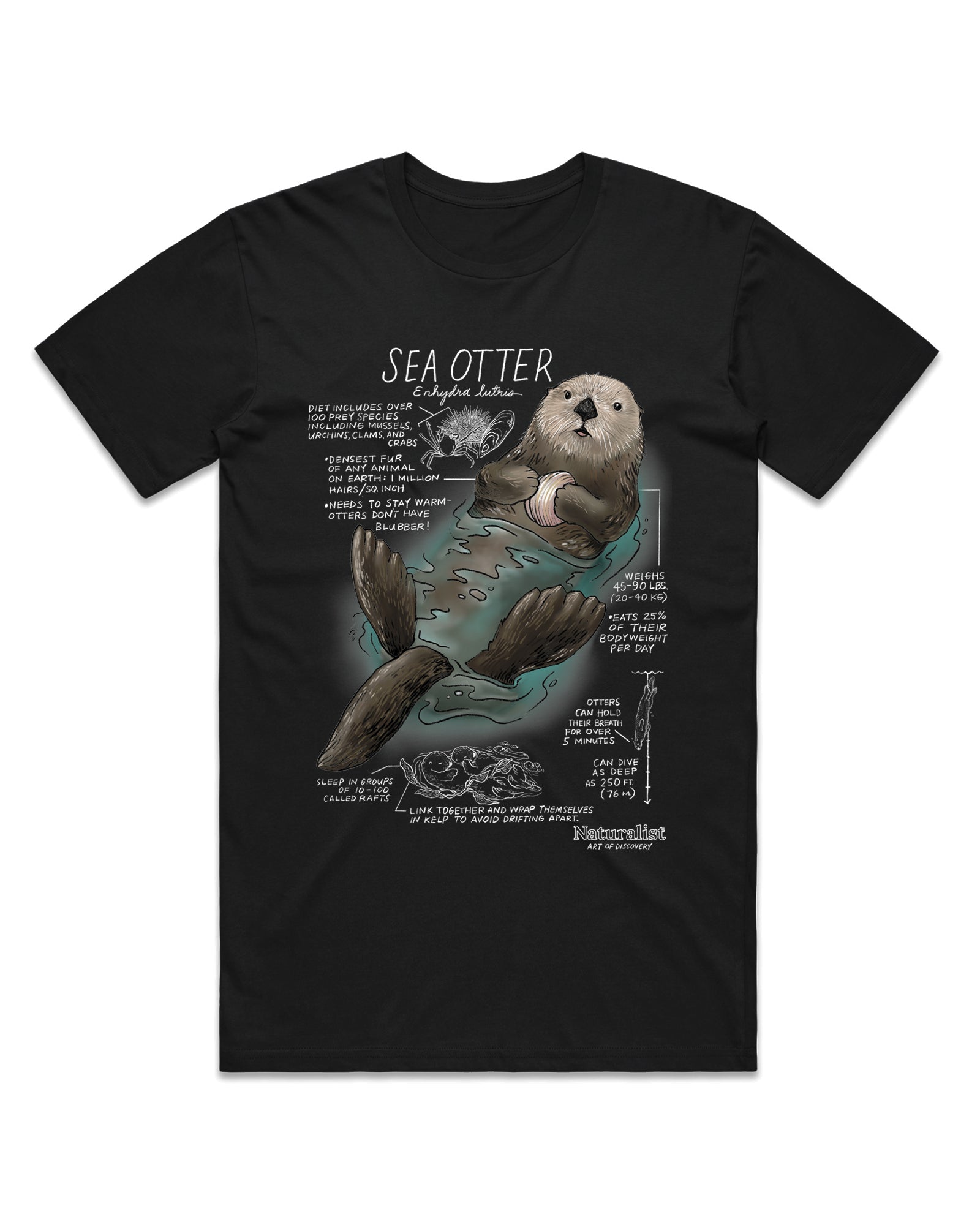 Black t-shirt with a sea otter graphic and text on a white background